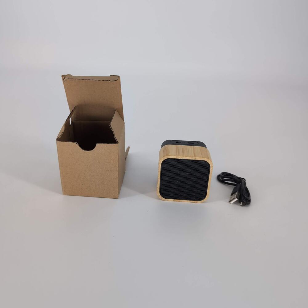 4 Imprint Mini Two Tone Bamboo Square Bluetooth 5V Mini Speaker with Box - New